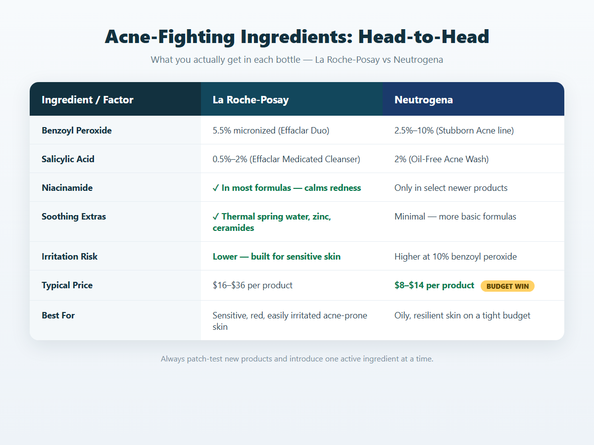 Ingredient comparison table of La Roche-Posay and Neutrogena acne products including benzoyl peroxide, salicylic acid and niacinamide