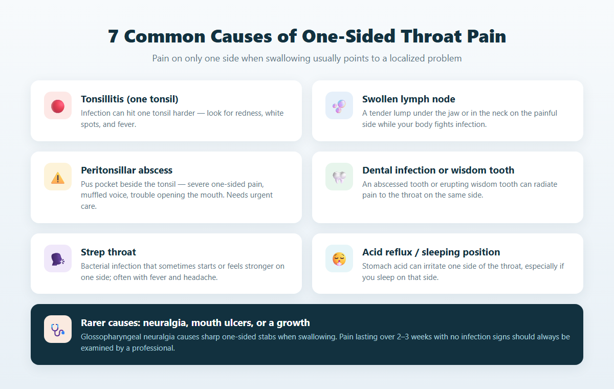 Infographic of 7 common causes of one-sided throat pain when swallowing including tonsillitis, swollen lymph nodes and dental infection