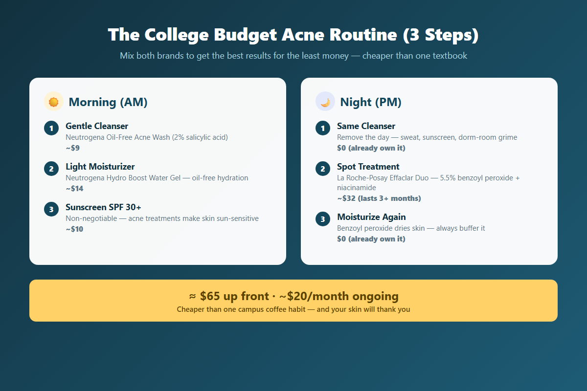 Simple 3-step budget acne skincare routine for college students using La Roche-Posay and Neutrogena products