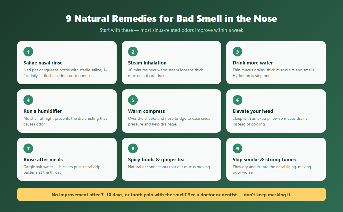 Nine natural remedies to get rid of bad smell in nose including saline rinse, steam inhalation and hydration
